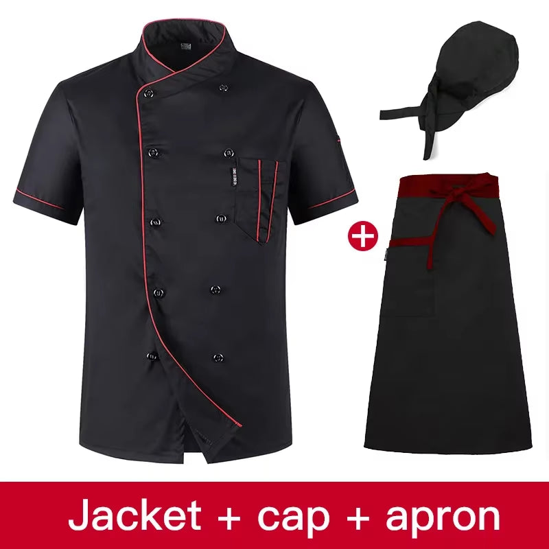 Chefs Uniform Short Sleeve Summer Set Restaurant Hotel Kitchen Workwear Men and Women Youth Breathable Thin Jacket + Hat + Apron