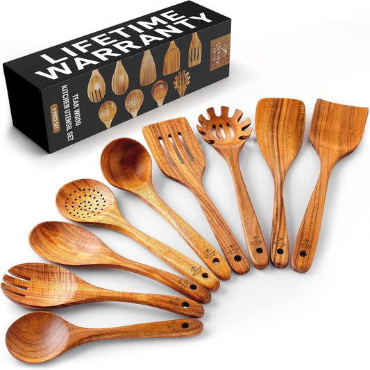 9-Piece Teak Wooden Utensils for Cooking - Smooth Finish Natural Teak Utensil Set - Non-Stick Wooden Spoons for Cooking - Kitchen Gift Set - Comfortable Grip Wooden Utensil Set