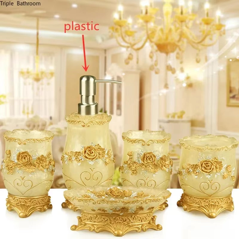 European Style Luxury Bathroom Accessories Set, Romantic Flowers, Antique Resin Wash Suit, Bathroom Supplies, Mouthwash Cup