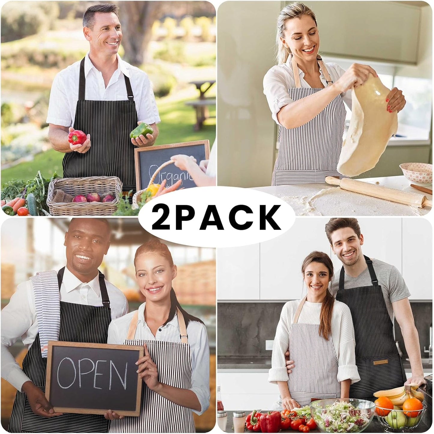 2 Pack Adjustable Bib Apron with 2 Pockets Chef Cooking Kitchen Restaurant Aprons for Women Men