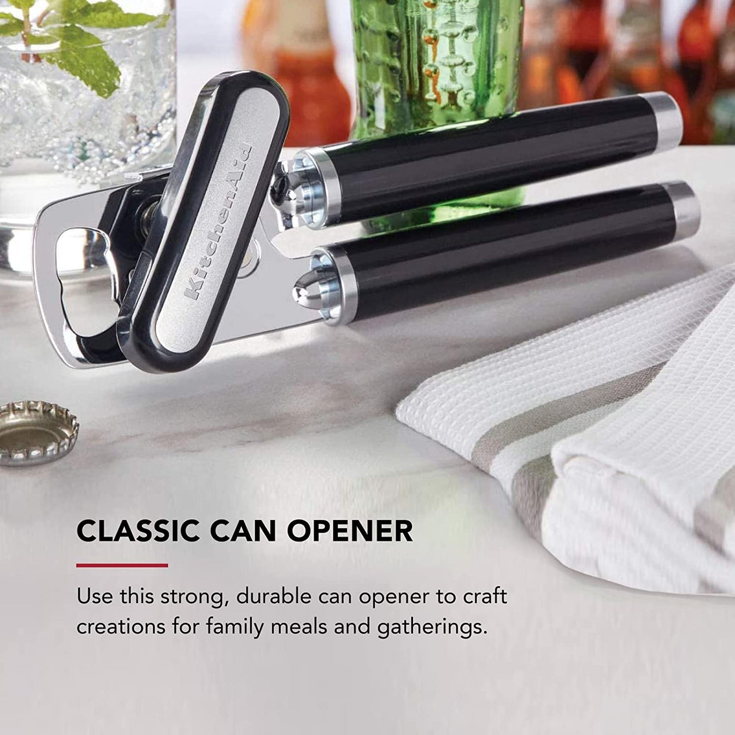 Classic Multifunction Can Opener and Bottle Opener Easy to Use, Razor Sharp Stainless Steel Cutting Wheel, Soft Ergonomic Handles, Black