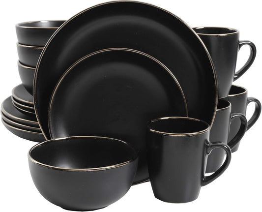 Rockaway round Stoneware Dinnerware Set, Service for 4 (16Pcs), Black/Gold Rim