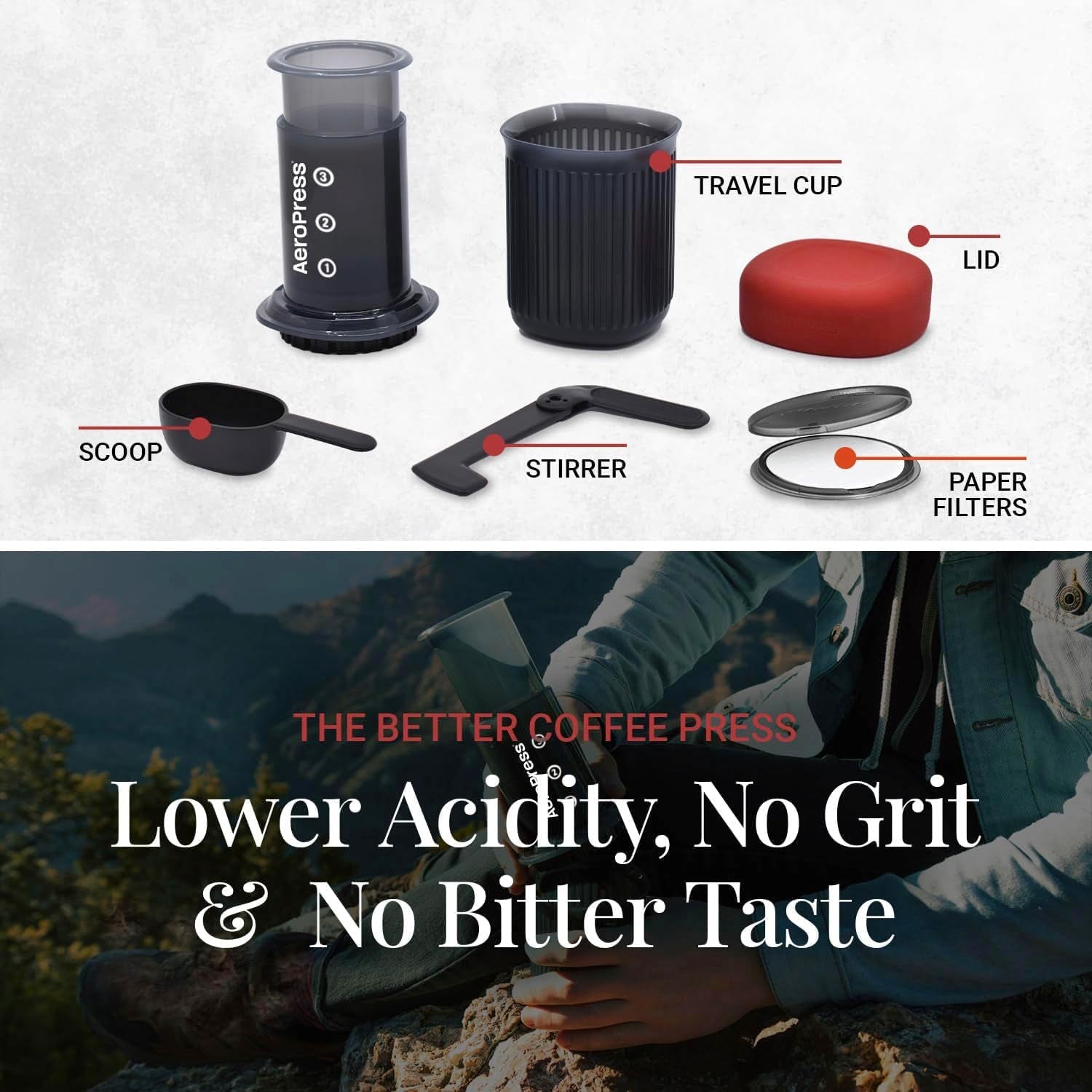 Go Travel Coffee Press Kit - 3 in 1 Brew Method Combines French Press, Pourover, Espresso - Full Bodied Coffee without Grit or Bitterness - Small Portable Coffee Maker for Camping & Travel