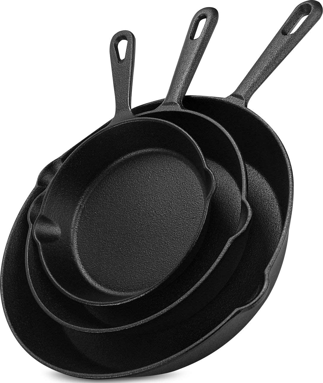 Saute Fry Pan - Pre-Seasoned Cast Iron Skillet Set 3-Piece - Frying Pan - 6 Inch, 8 Inch and 10 Inch Cast Iron Set - Cooking Gift for Men & Women (Black)