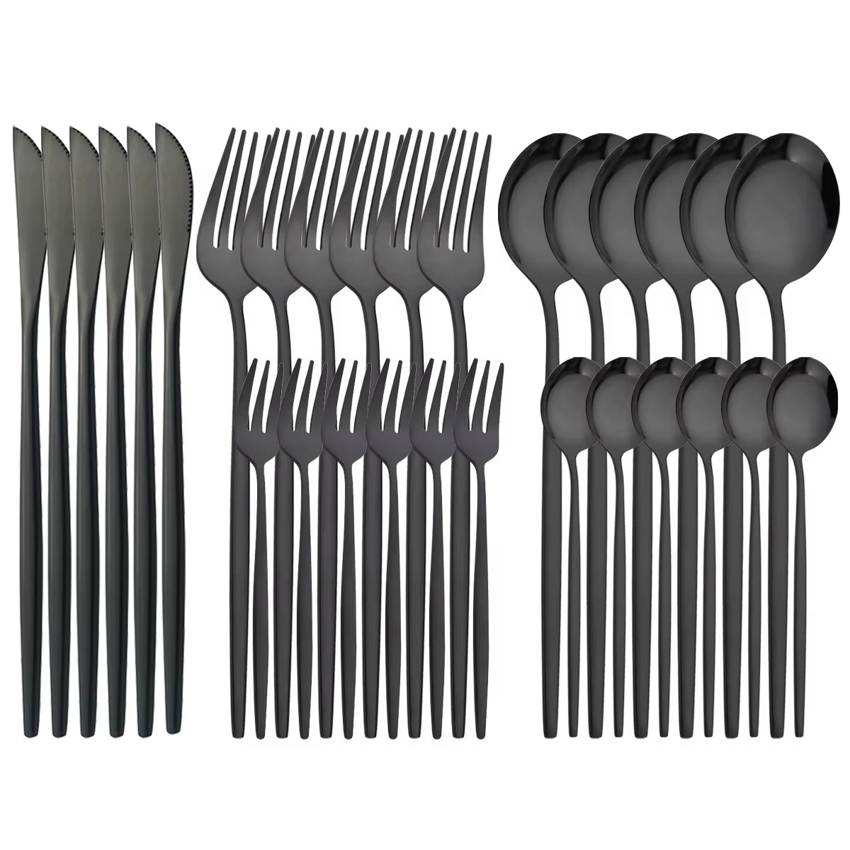 30Pcs Black Silver Cutlery Set Knife Fruit Forks Cake Fork Tea Spoon Dinnerware Stainless Steel Tableware Set Party Kitchen Tool