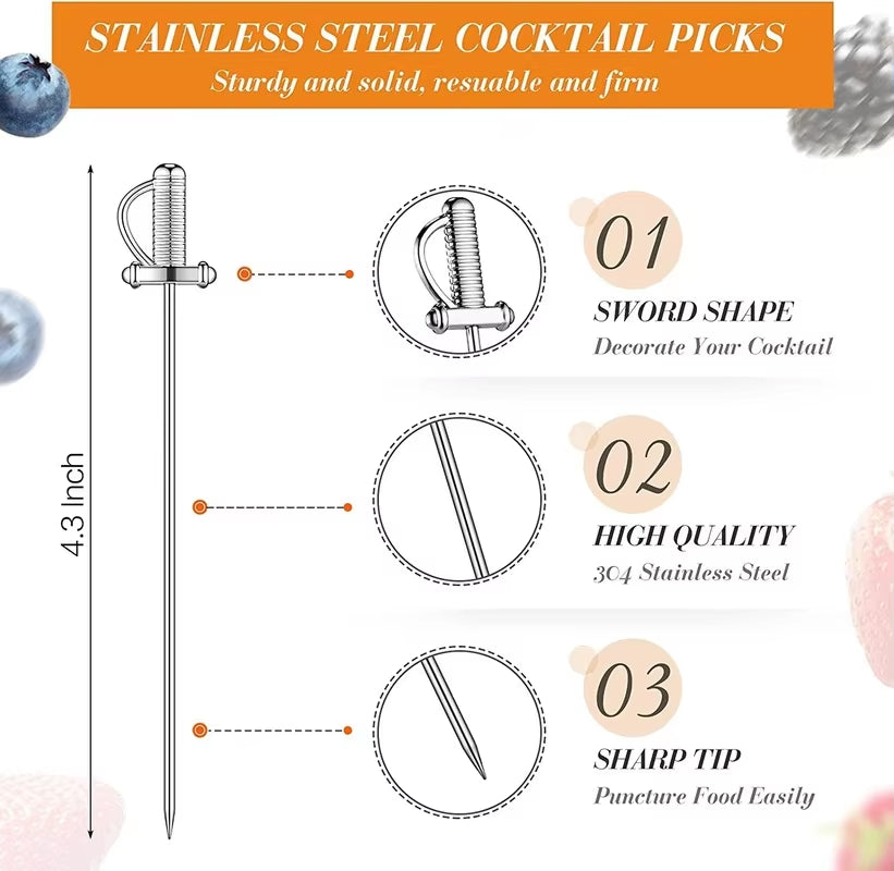 Sword Shape Fruit Sticks Cocktail Pick Stainless Steel Bar Tools Drink Stirring Sticks Martini Picks Party Wedding Accessory