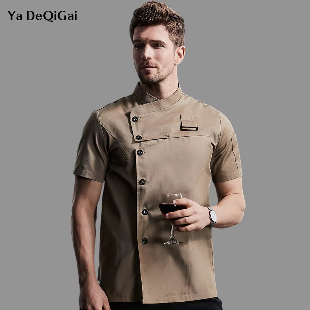 Khaki Chef Uniform Catering Workwear Head Chef Shirts Cooking Coat Chef Jacket Summer Restaurant Barber Shop Waiter Shirt Apron