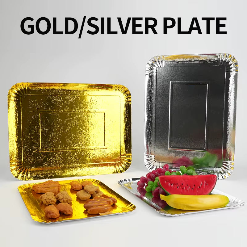 3/6Pcs Dinner Plates Disposable Paper Plate Golden Silver Trays Birthday Wedding Party Tableware Disposable Paper Tray