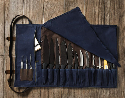 Waxed Canvas Knife Roll - 15 Knife Slots, Card Holder and Large Zippered Pocket - Genuine Leather, Cloth and Brass Buckles - for Chefs and Culinary Students - Knives Not Included