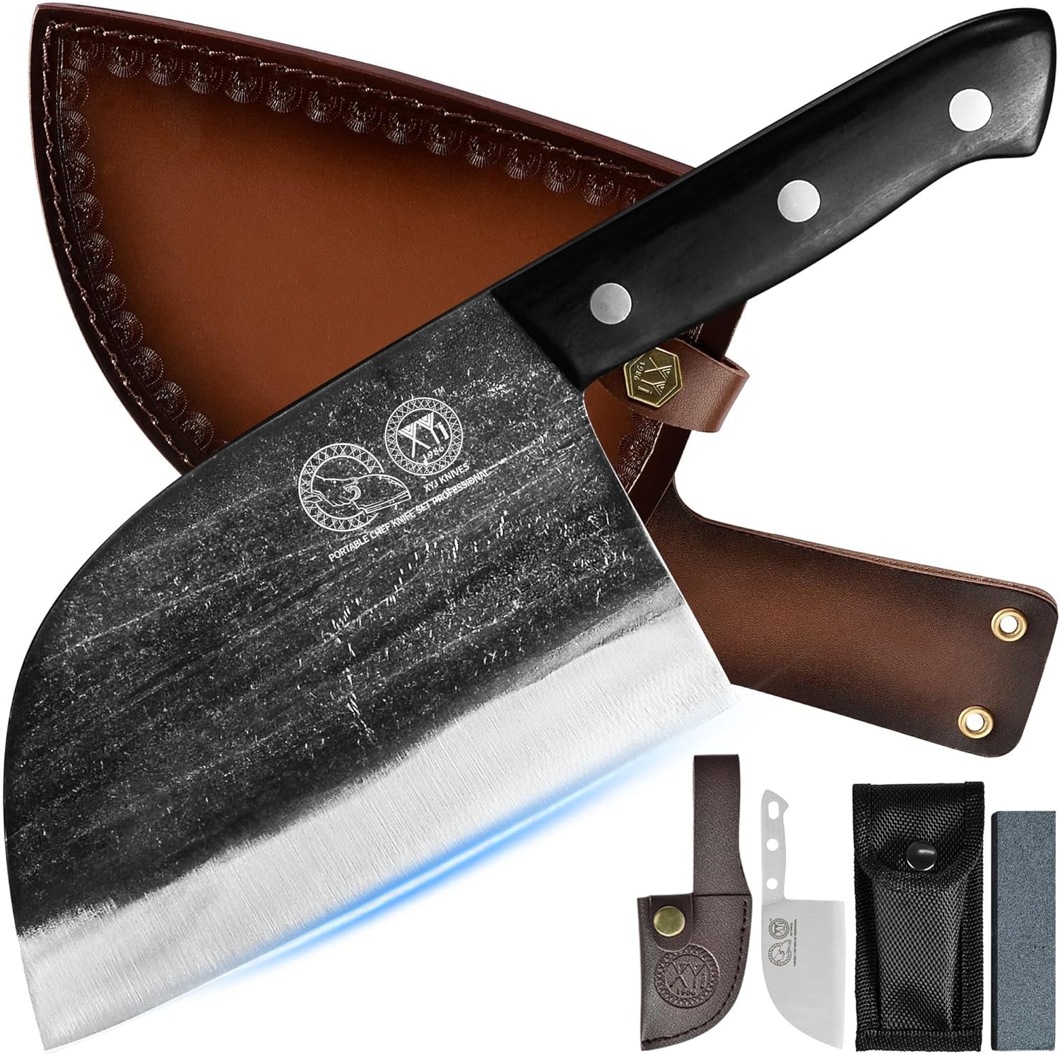 Authentic since 1986,Outstanding Ancient Forging,6.7 Inch Full Tang,Serbian Chefs Knife,Chef Meat Cleaver,Kitchen Knives,Set with Leather Sheath,Take Carrying,Butcher