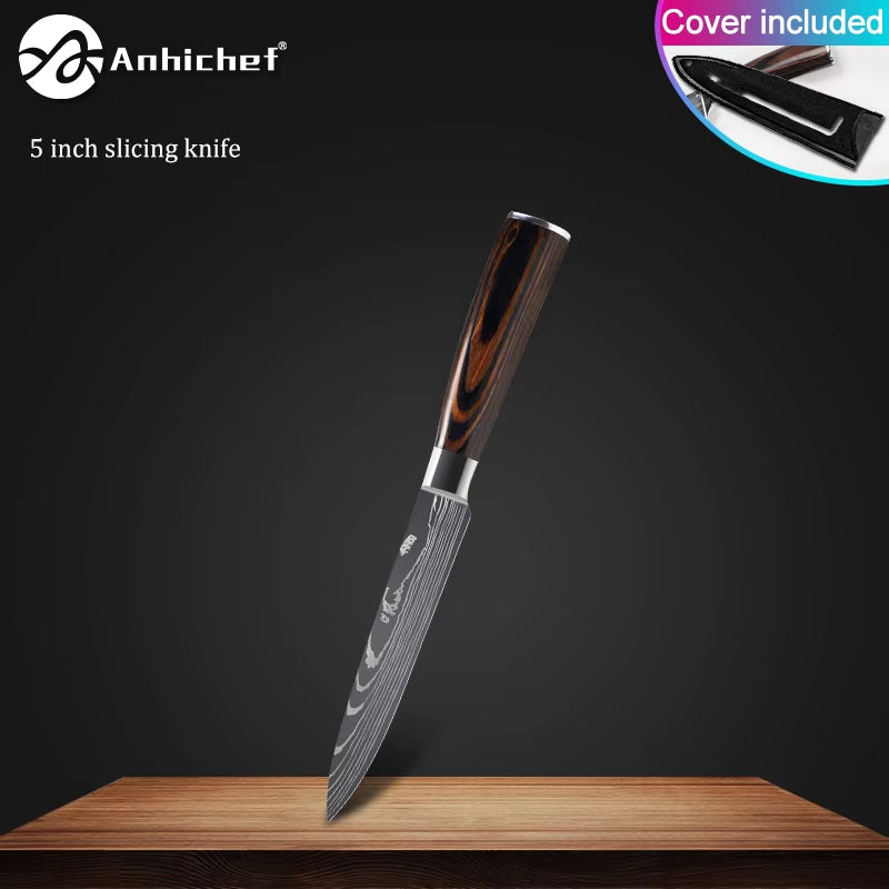 Professional Kitchen Knives Stainless Steel 7CR17 440C Laser Damascus Japanese Santoku Cleaver Slicing Utility Chef Knife Set