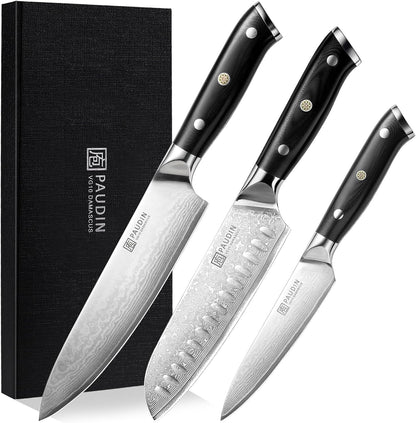 Damascus Knife Set 3 PCS, Kitchen Knife Set with Japanese VG10 Steel Core, Ultra Sharp Chef Knife Set with Full Tang G10 Handle, Damascus Kitchen Knives