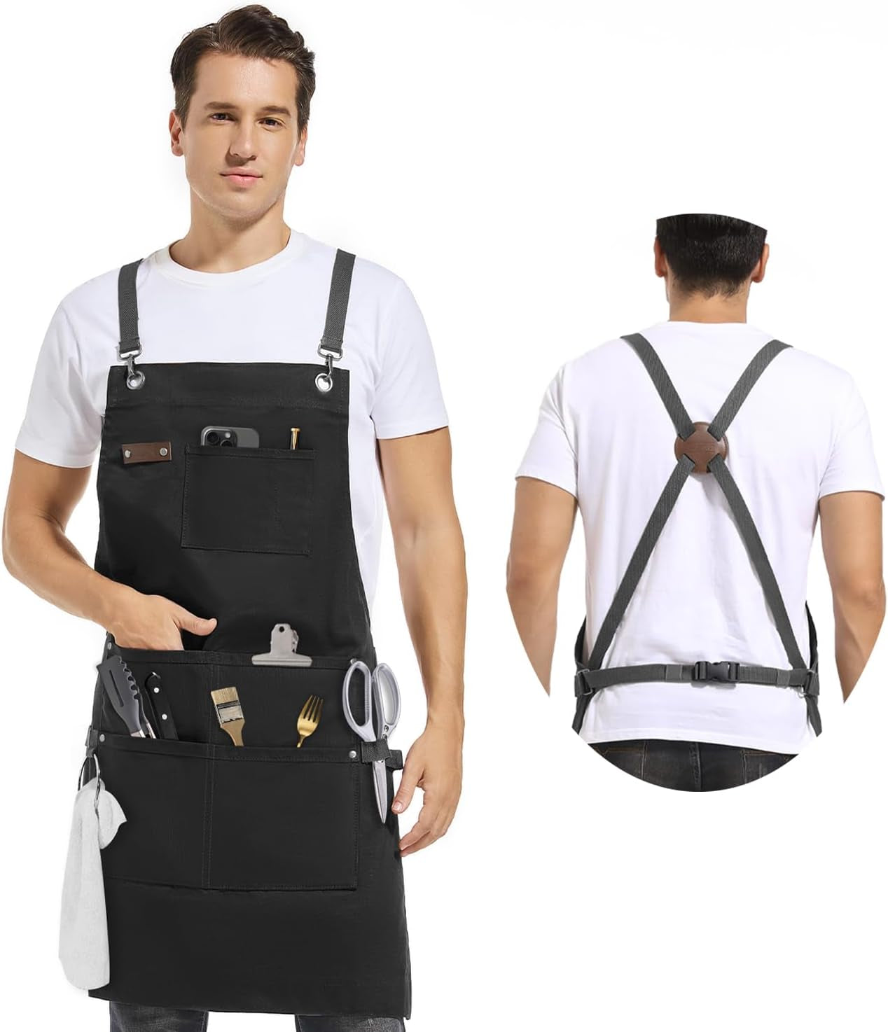 Chef, BBQ and Work Apron, 100% Cotton Canvas Large Apron with Pockets Grade Chef Apron for Kitchen, Grill and Cook