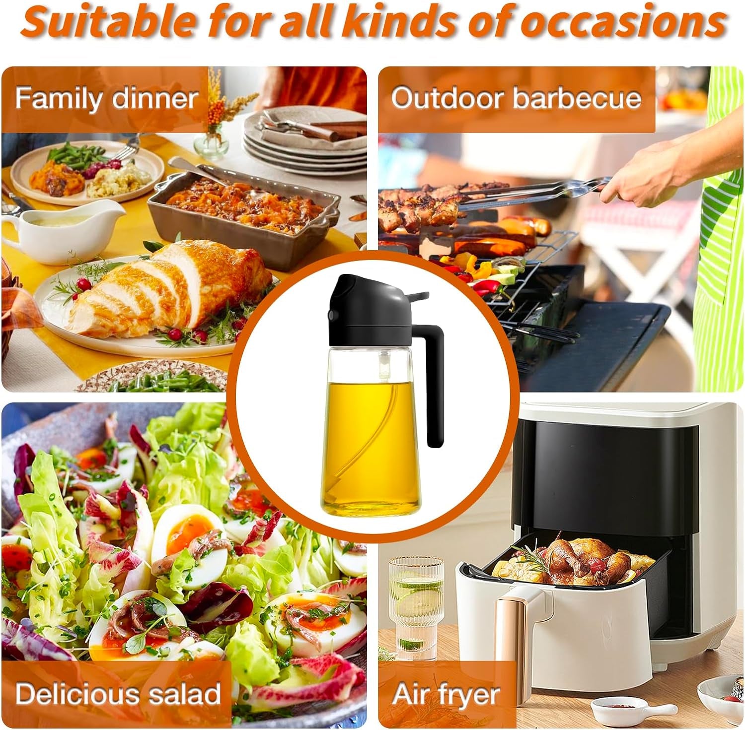 Oil Sprayer for Cooking, 2 in 1 Olive Oil Dispenser Bottle for Kitchen, 16Oz/470Ml Premium Glass Oil Bottle, Food-Grade Oil Mister for Air Fryer, Salad, Frying, BBQ (Black)