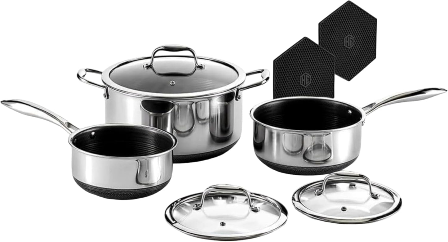 Hybrid Nonstick 6-Piece Pot Set with Trivets, 2, 3, and 8-Quart Pots with Tempered Glass Lids, 2 Silicone Trivets Included, Dishwasher Safe, Compatible with All Cooktops