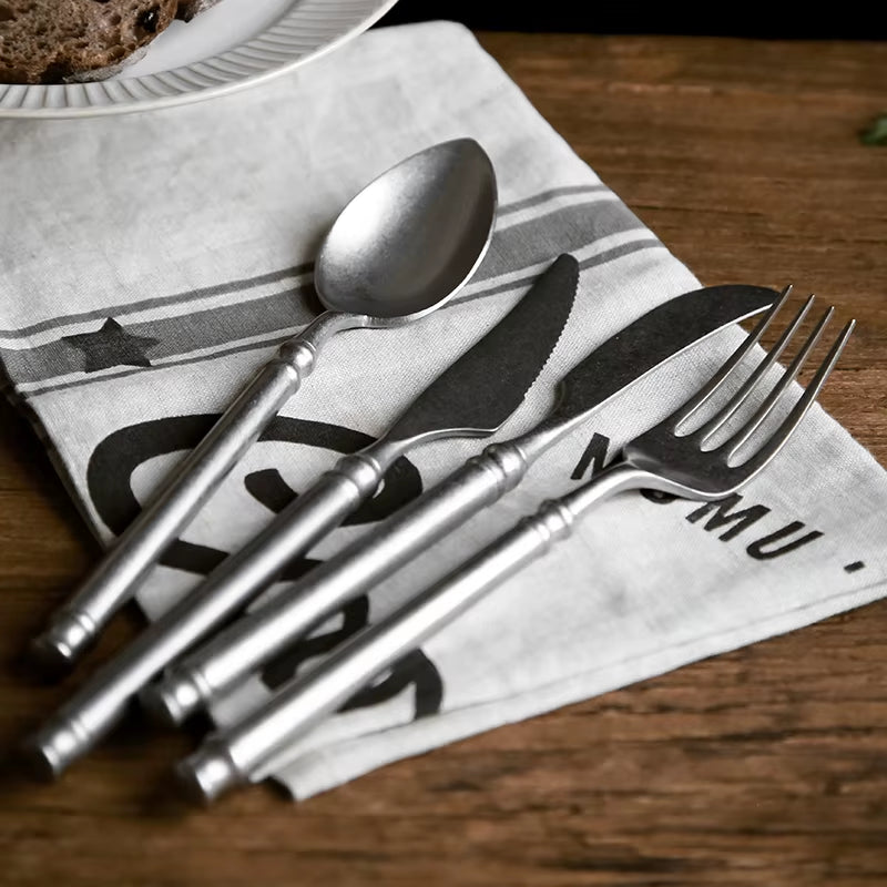 Retro Scrub 304 Stainless Steel Flatware Kitchen Cutlery Set Steak Knife Fork Spoon Set Dessert Fork Vintage Restaurant Cutlery