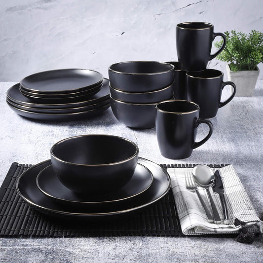 Rockaway round Stoneware Dinnerware Set, Service for 4 (16Pcs), Black/Gold Rim