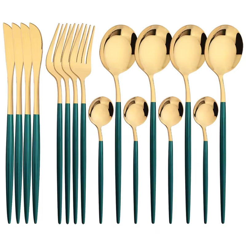 16Pcs Green Gold Dinnerware Stainless Steel Cutlery Set Knife Fork Tea Spoon Dinner Flatware Set Kitchen Silverware Tableware