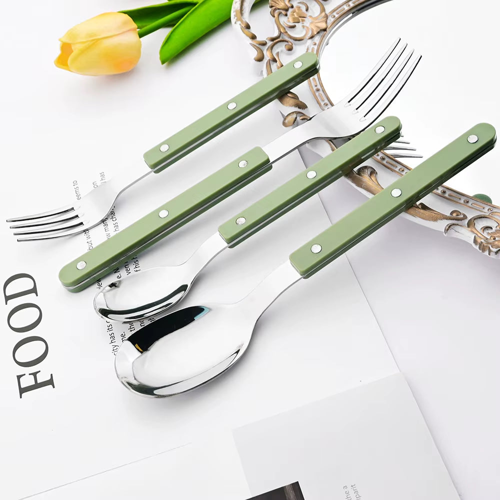 4/16Pcs Acrylic Handle Knife Fork Set Stainless Steels Dinner Cutlery Set Green Silver Western Dinnerware Home Kitchen Flatware