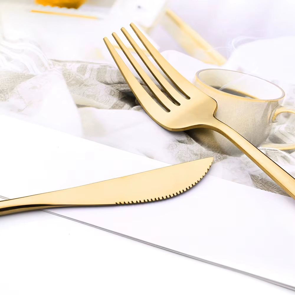 Mirror 24 Pcs Gold Cutlery Sets Kitchen Tableware Stainless Steel Knife Forks Spoons Silverware Home Flatware Set Dinnerware Set