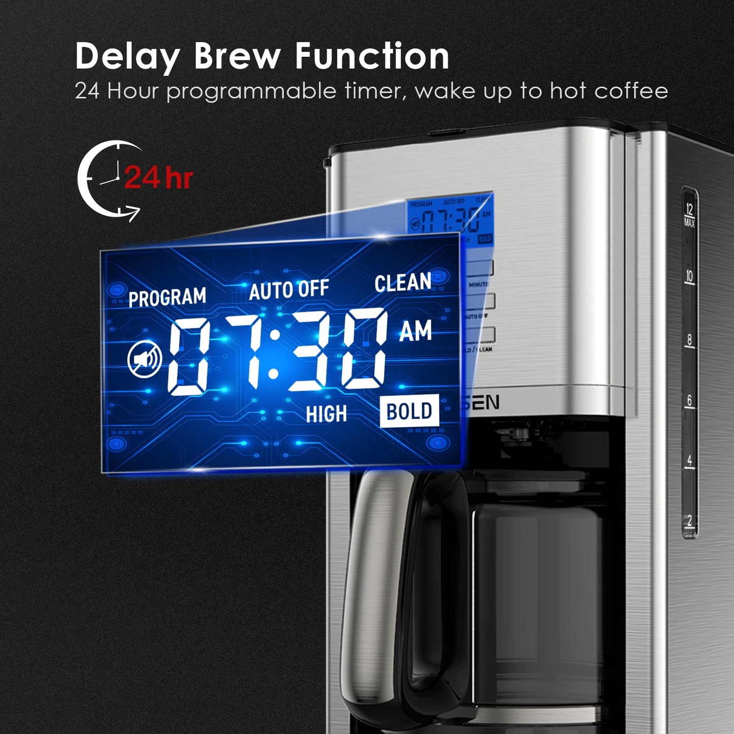 Stainless Steel 12 Cup Drip Coffee Maker, Programmable Coffee Machine Self-Cleaning