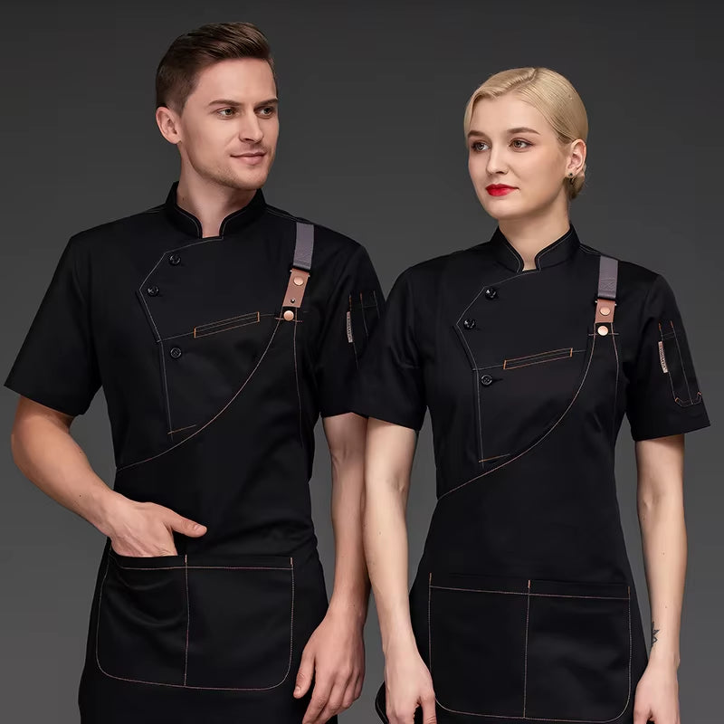 Chef Shirts Kitchen Uniforms Working Clothes for Men Bakery Bar Chef Jacket Apron Waterproof Restaurant Women Waitress Black