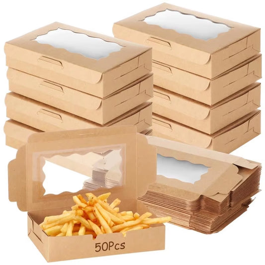 50Pcs Kraft Food Boxes Take Out Food Containers Disposable Brown Paper Lunch Boxes with Clear Windows Catering to Go Pastry Box