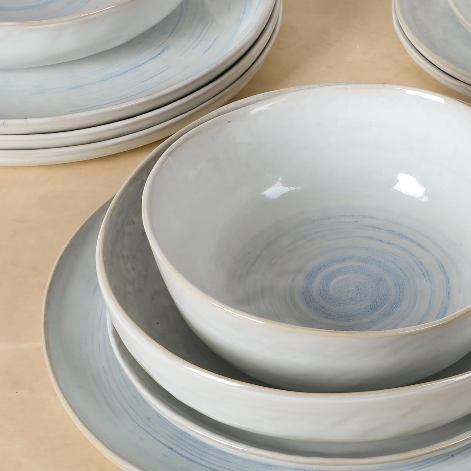 Auckland Blue Swirl Stoneware Reactive Glaze 16 Piece (Service for 4) Plates and Bowls Dinnerware Set