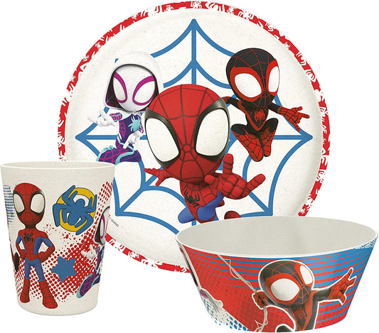 Marvel Spider-Man Dinnerware Set for Kids Includes 8" Plate, 6" Bowl, and 10Oz Tumbler, Durable and Sustainable Melamine Bamboo Material (3-Piece Set, Spidey and His Amazing Friends)