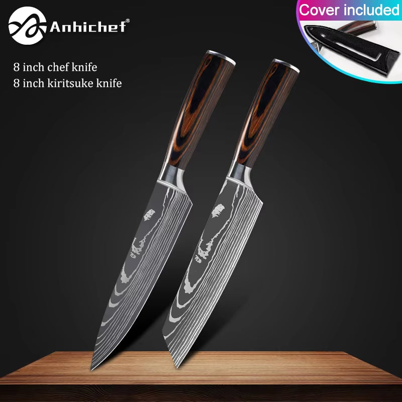 Professional Kitchen Knives Stainless Steel 7CR17 440C Laser Damascus Japanese Santoku Cleaver Slicing Utility Chef Knife Set