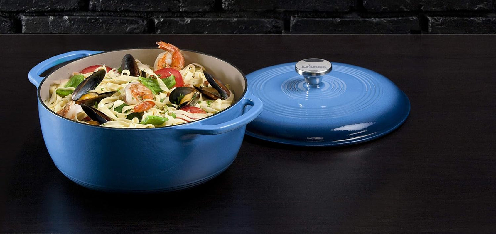 6 Quart Enameled Cast Iron Dutch Oven with Lid – Dual Handles – Oven Safe up to 500° F or on Stovetop - Use to Marinate, Cook, Bake, Refrigerate and Serve – Blue