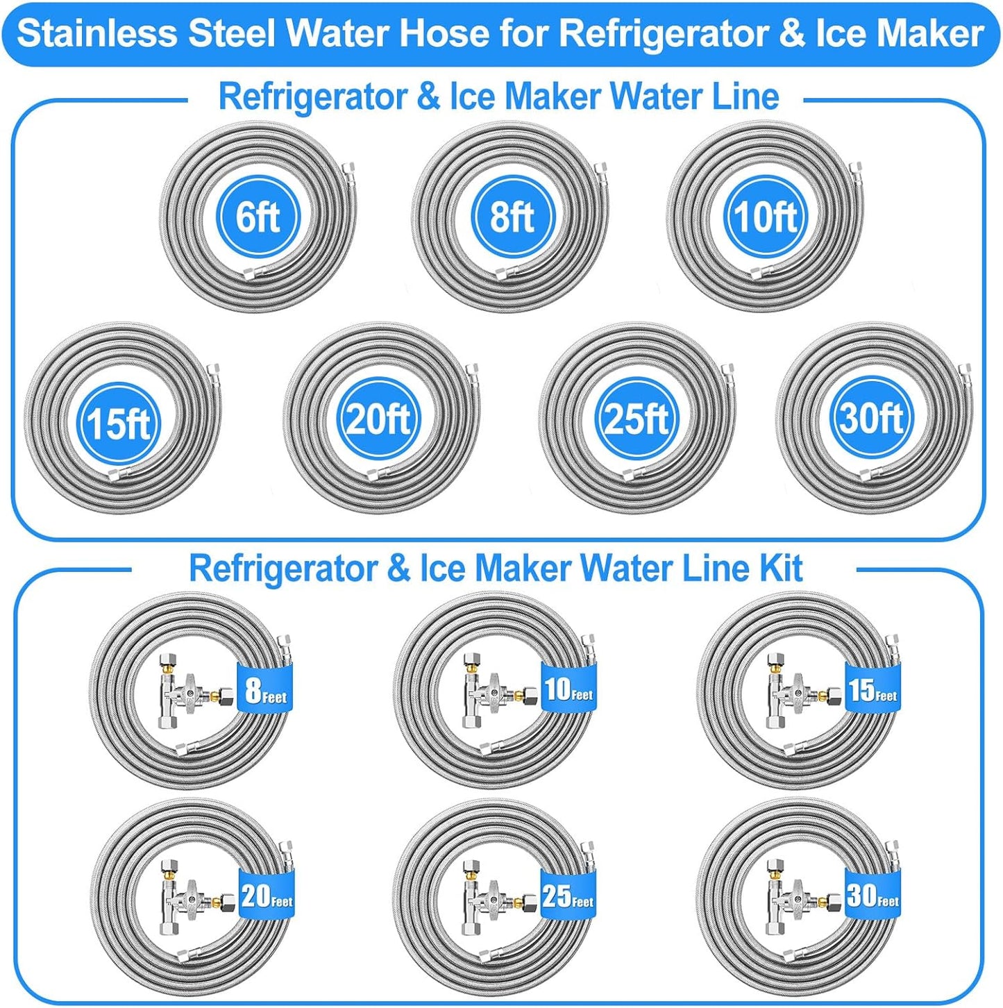 Refrigerator Water Line Kit - 15FT Stainless Steel Braided Ice Maker Water Line with Tee Stop Valve,Foodgrade PEX Inner Hose Fridge Water Line with 1/4" Comp Fitting and Tee Valve