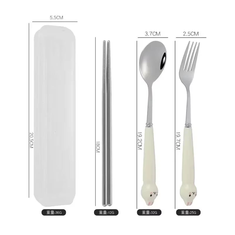 Portable Cartoon Tableware with Case Kitchen Utensils Reusable Flatware Silverware Include Fork Spoon for Children