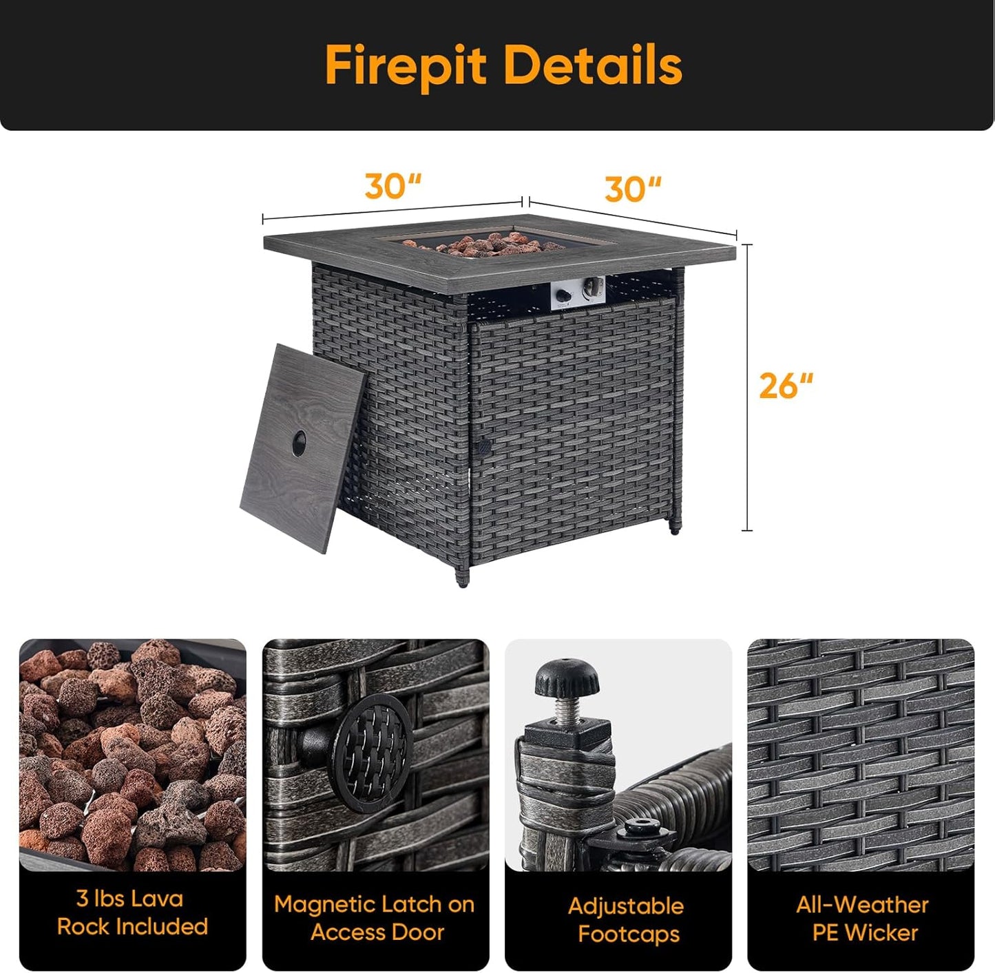 Fire Pit Propane Firepit Table - 30 Inch 50,000 BTU Outdoor Wicker Fire Pits with Removable Lid and Lava Rocks Patio Firepit Tables for Porch Deck Balcony outside Garden(Mixed Grey Wicker)