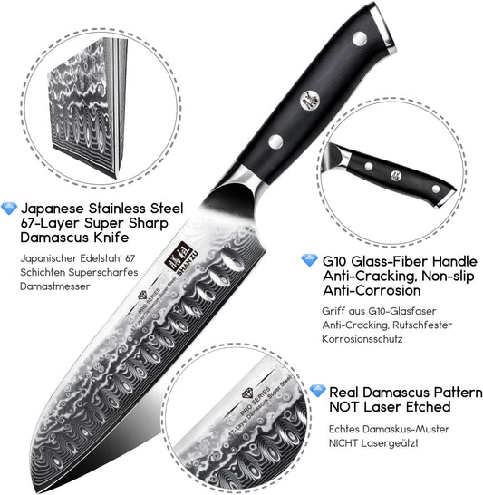 Chef Knife, Kitchen Knife SHANZU Santoku Chef'S Knife 7 Inch Multifunction Kitchen Knives Damascus Stainless Steel & Ergonomic Fiberglass G10 Handle Best Sharp High-Carbon Knives