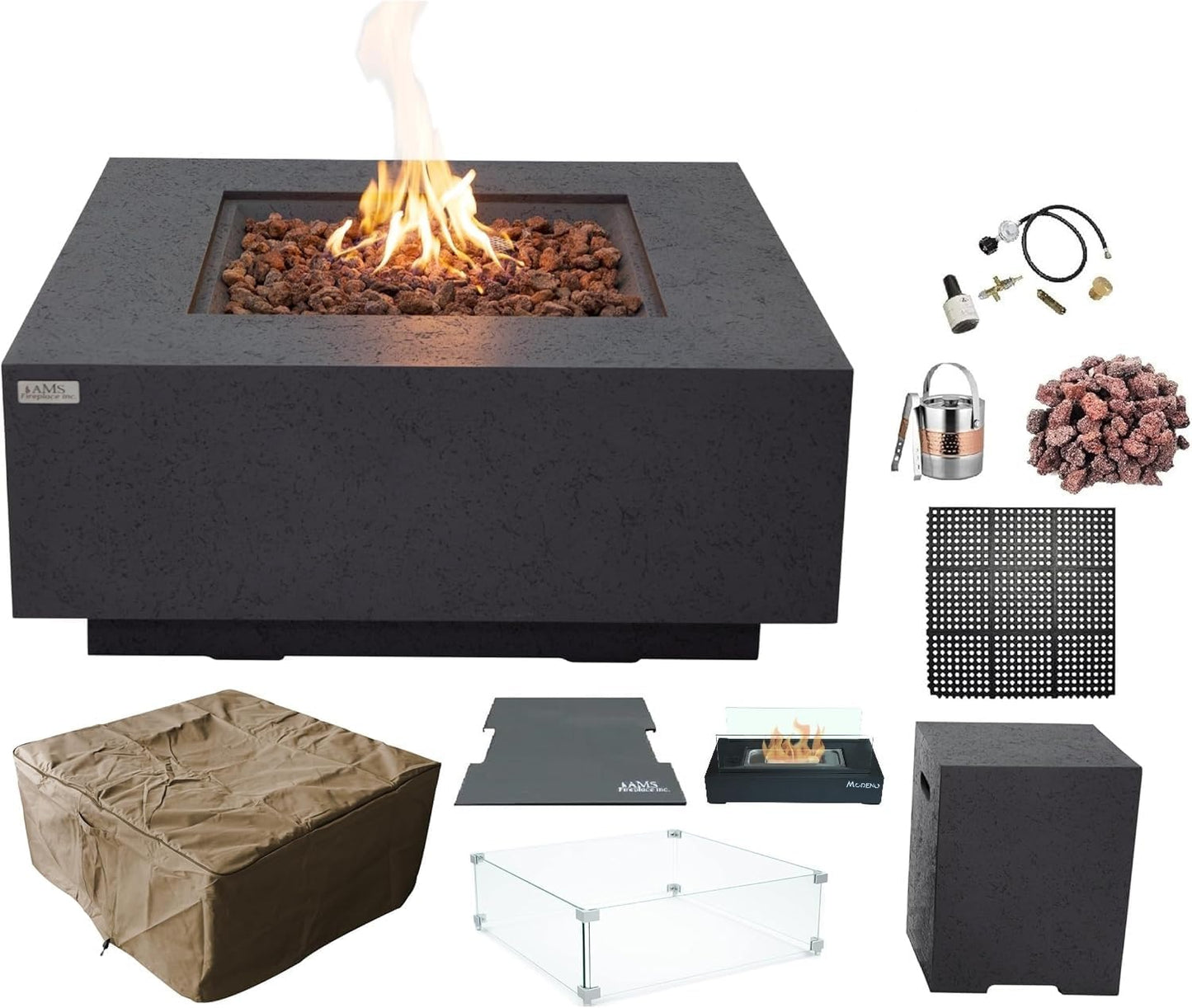 AMS Fireplace | Brooklyn 40"X40" Square Concrete Natural Gas Fire Pit Table | Dark Gray | Travertine (Coarse) Texture Surface | Outdoor Patio Heater Electronic Ignition outside Backyard Fireplace