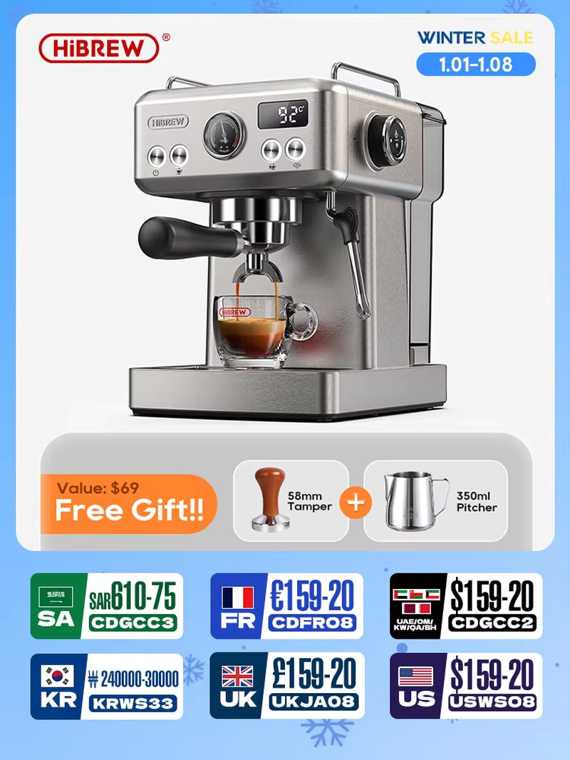 20Bar Semi Automatic Espresso Coffee Machine Temperature Adjustable 58Mm Portafilter Cold/Hot Coffee Maker Metal Caseh10A