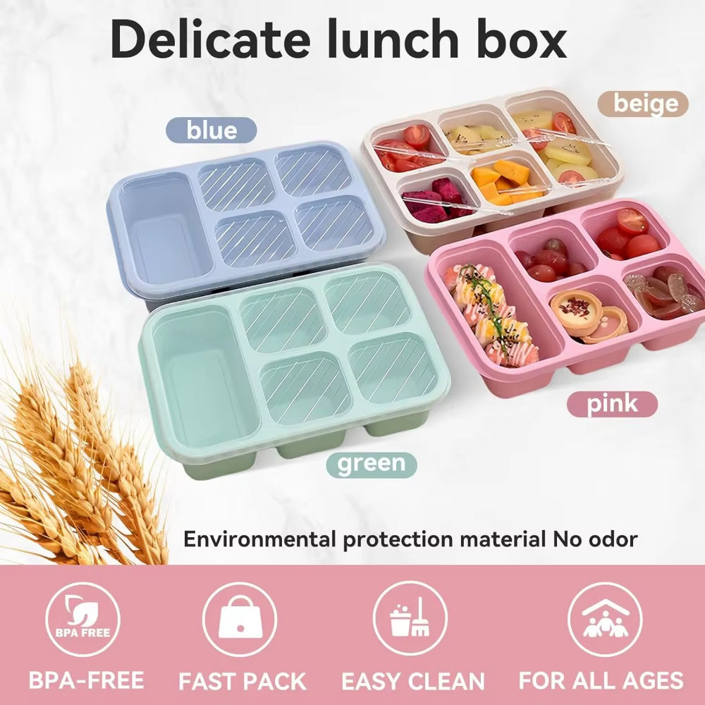 5 Compartment Reusable Bento Box Leak-Proof Portable Food Storage with Secure Lid Ideal for School Work Camping and Picnics