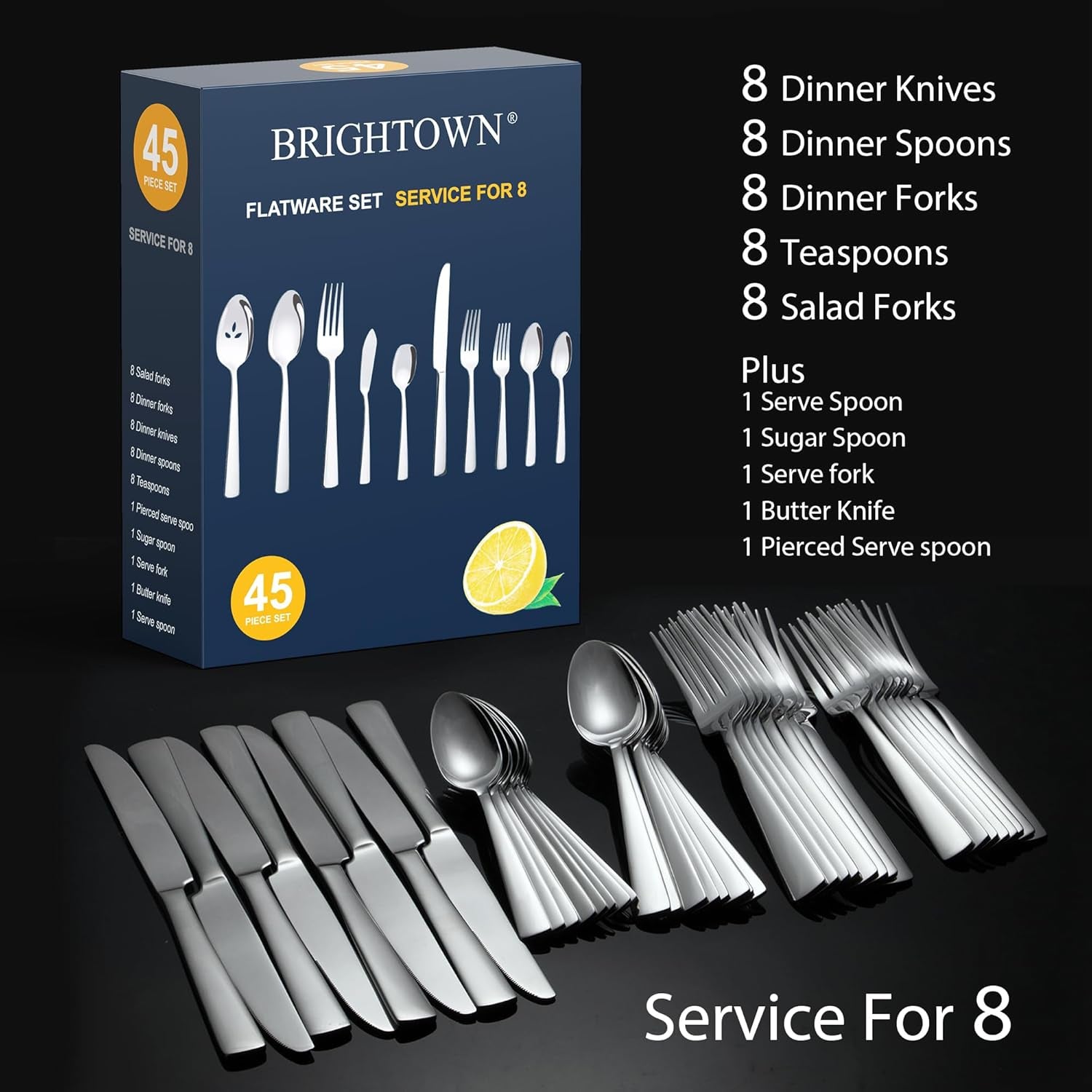 45-Piece Silverware Flatware Cutlery Set Service for 8, Durable Stainless Steel Tableware in Ergonomic Design Size and Weight, Dishwasher Safe