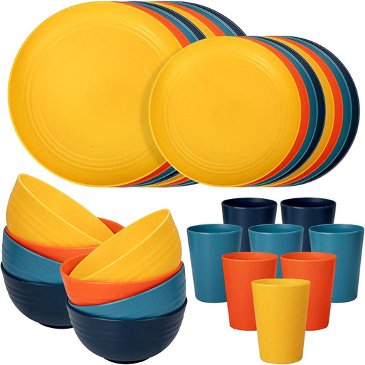 32Pcs Wheat Straw Dinnerware Sets,Plastic Plates and Bowls Sets for 8,Unbreakable Plates and Bowls Sets Dishwasher Safe Microwave Safe Fun Colors Perfect for Cooking Family Camping Picnics