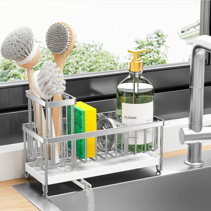 Sponge Holder for Kitchen Sink, Sink Caddy with High Brush Holder, Kitchen Sink Organizer Countertop Rustproof 304 Stainless Steel, Soap Dispenser Kitchen Organizers and Storage Essentials