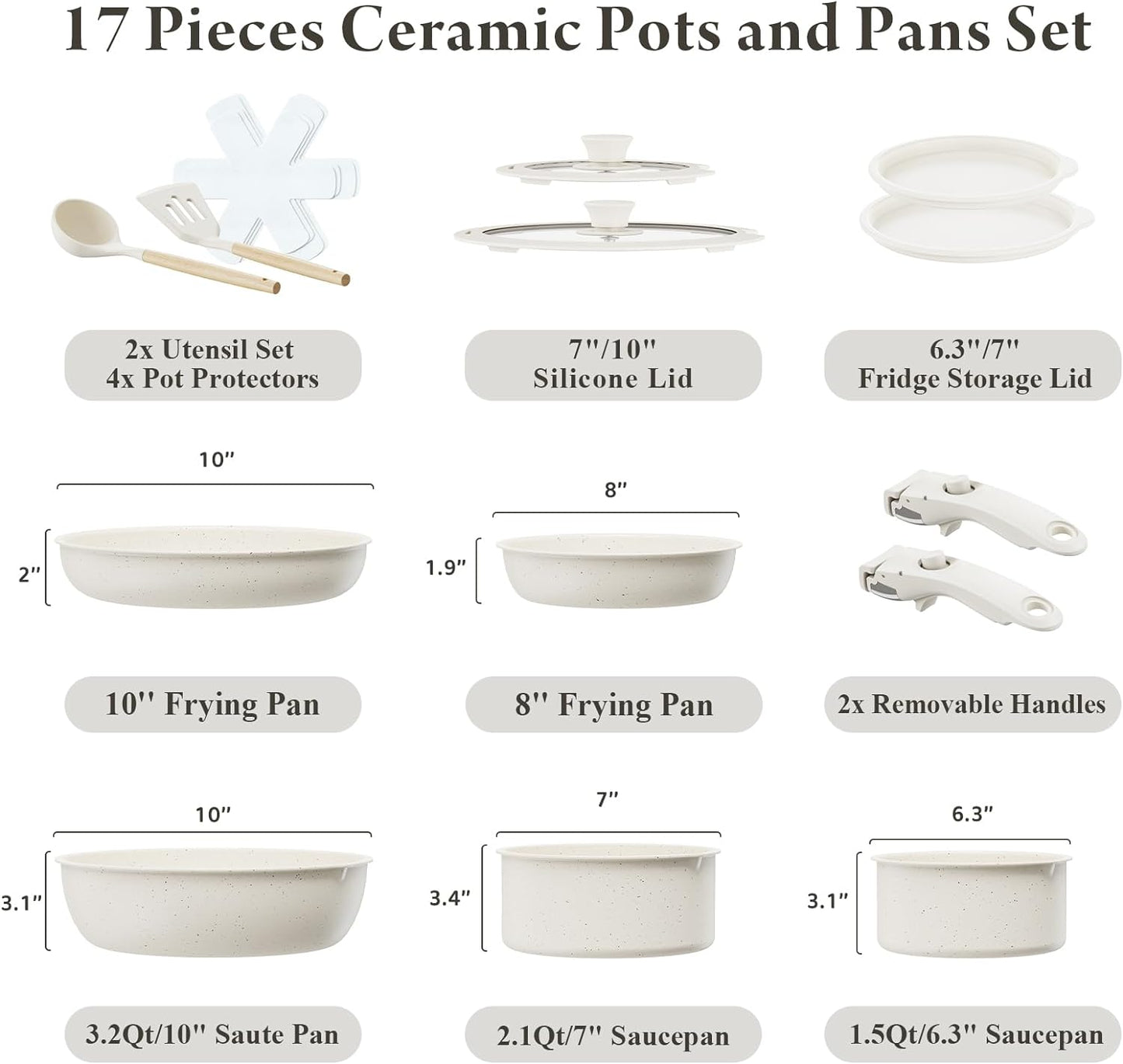 Ceramic Nonstick Cookware Set, Healthy,Non Toxic,17-Pieces Pots and Pans Set Removable Handles,Induction RV Kitchen Set,Stain & Scratch-Resistant,Dishwasher/Oven Safe,Pfas/Pfoa Free,Cream White