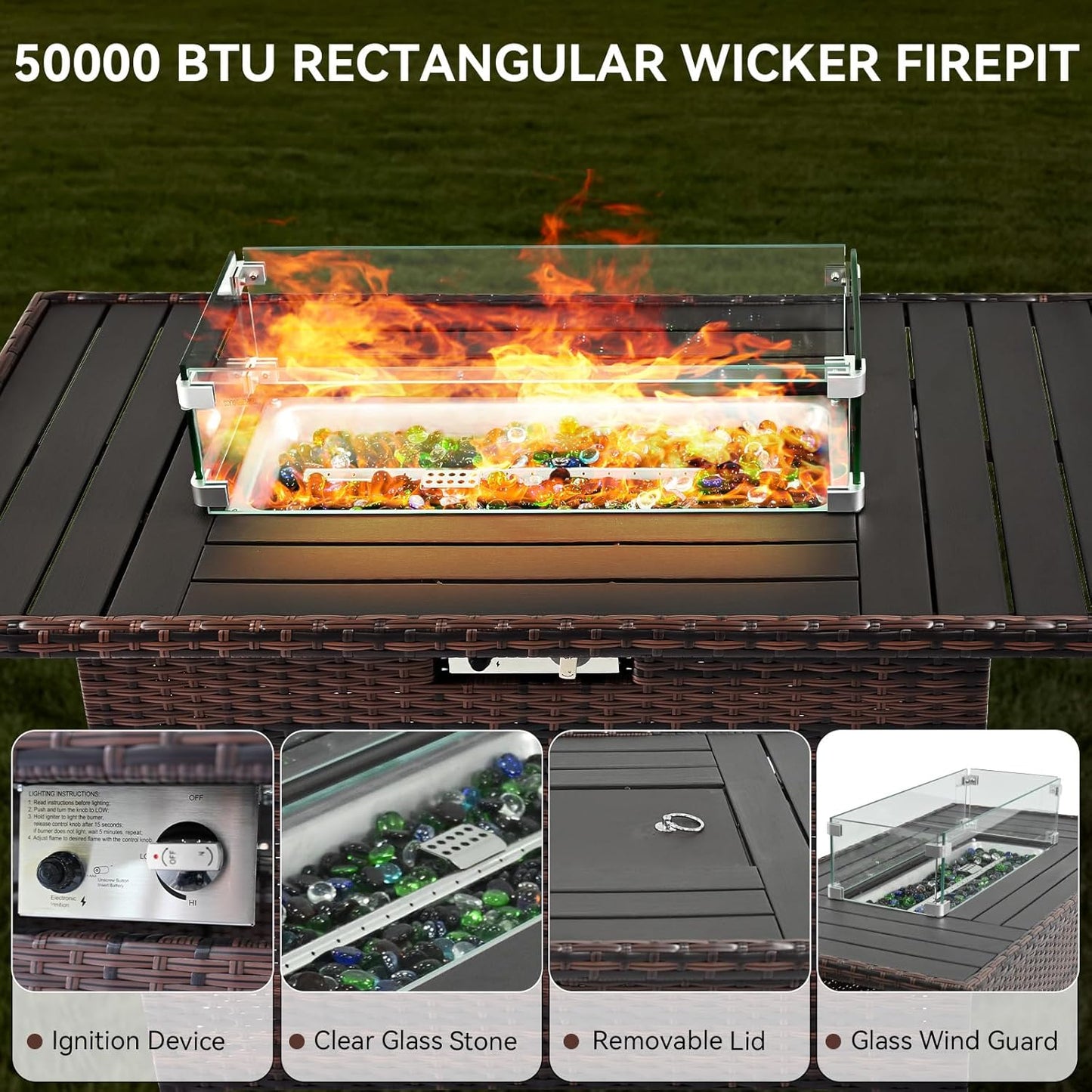 44 Inch Propane Fire Pit Table 50000 BTU Firepits Table with Lid Rectangular Rattan Gas Fire Pits for outside Patio with Glass Wind Guard Glass Rocks Water-Proof Cover,Brown