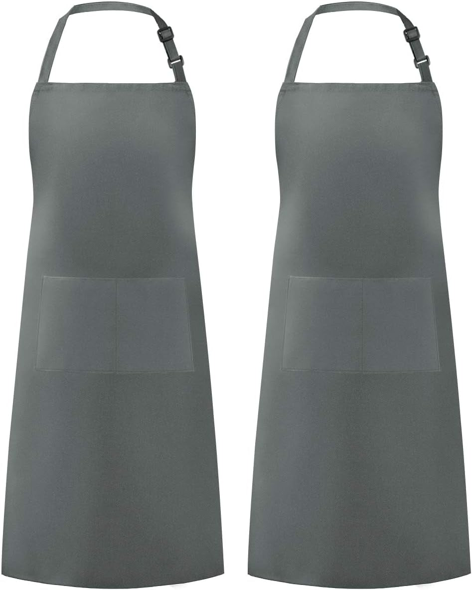 2 Pack Adjustable Bib Apron Waterdrop Resistant with 2 Pockets Cooking Kitchen Aprons for Women Men Chef, Black