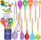 Kitchen Cooking Utensils Set, 33 Pcs Non-Stick Silicone Cooking Kitchen Utensils Spatula Set with Holder, Wooden Handle Silicone Kitchen Gadgets Utensil Set (Khaki)