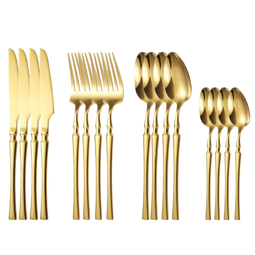 16Pcs Gold Cutlery Set Forks Knives Spoons Dinnerware Dishwasher Safe Stainless Steel Western Tableware Silverware Wedding Gift