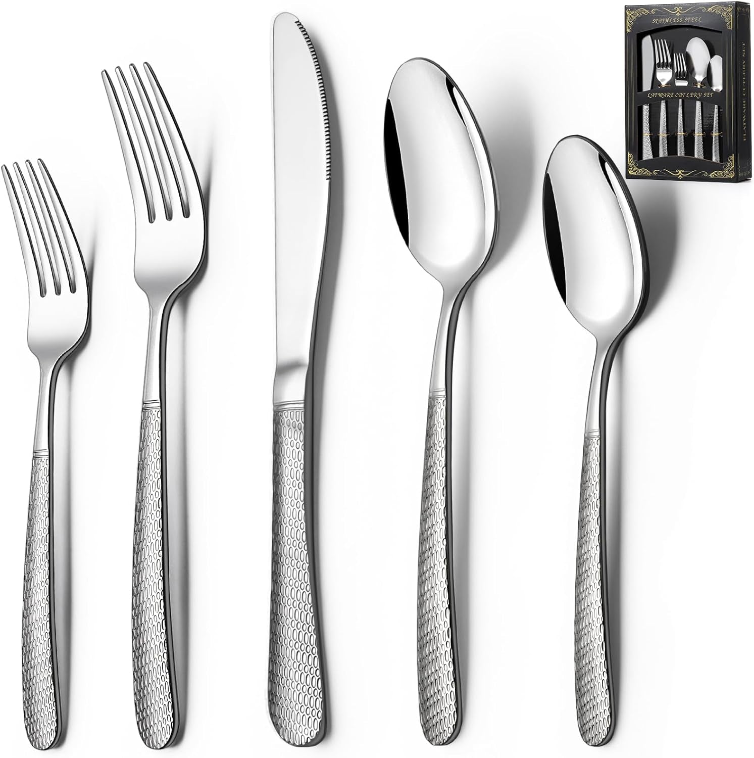 40-Piece Hammered Silverware Set,  Stainless Steel Heavy Duty Flatware Set for 8, Food-Grade Tableware Cutlery Set, Utensil Sets for Home Restaurant, Mirror Finish, Dishwasher Safe