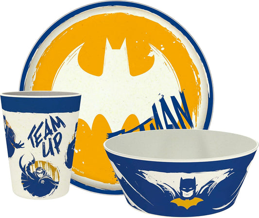 DC Comics Batman Kids Dinnerware Set 3 Pieces, Durable and Sustainable Melamine Bamboo Plate, Bowl, and Tumbler Are Perfect for Dinner Time with Family (Batman, Robin, Batgirl)