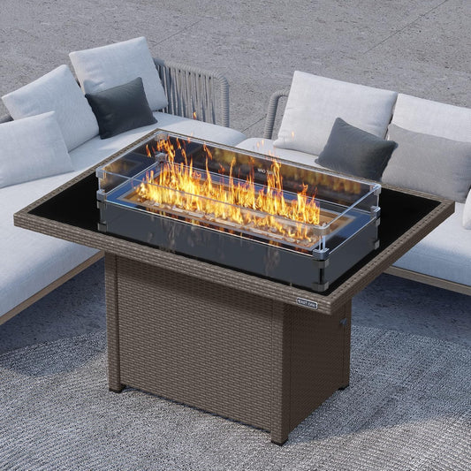 44'' Propane Fire Pit Table, 60,000 BTU Gas Fire Table W/Aluminum Frame, H Type Burner and Tempered Glass Tabletop, CSA Listed Outdoor Patio Firepit with Wind Guard, Fire Glass and Lid, Brown