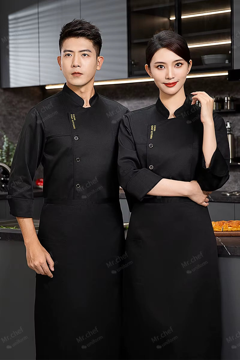 Men Chef Jacket with Apron Long Sleeve Chef Uniform Restaurant Cook Coat Chef T-Shirt Work Uniform Hotel Clothes Logo Women